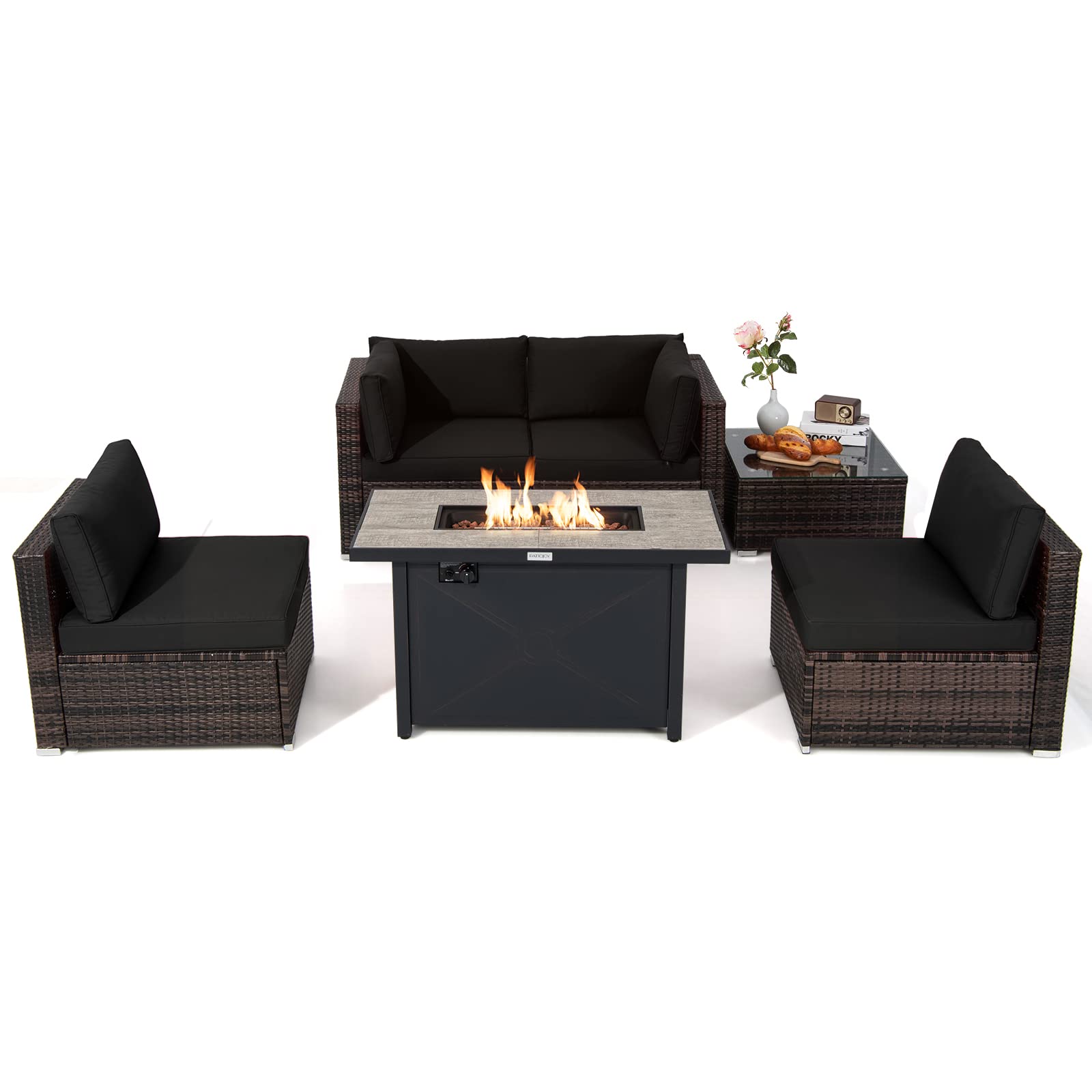 Tangkula 6 Pieces PE Rattan Wicker Sectional Sofa with 42" 60,000 BTU Gas Fire Pit Table