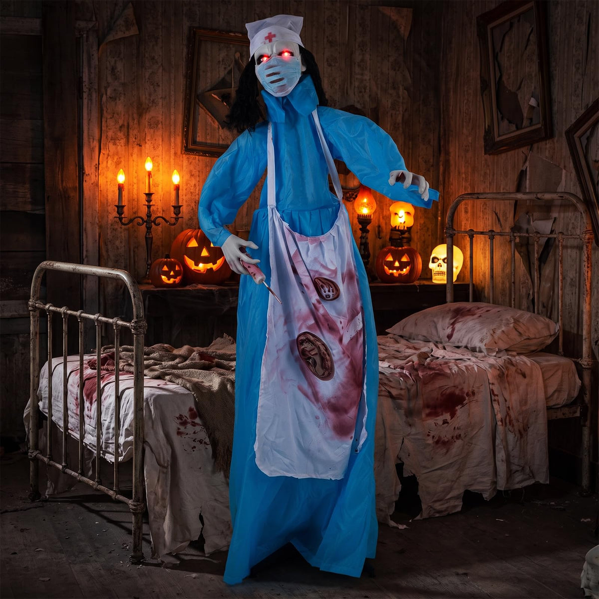 Tangkula 6.1 FT Halloween Standing Animatronics Zombie Nurse Holding Syring