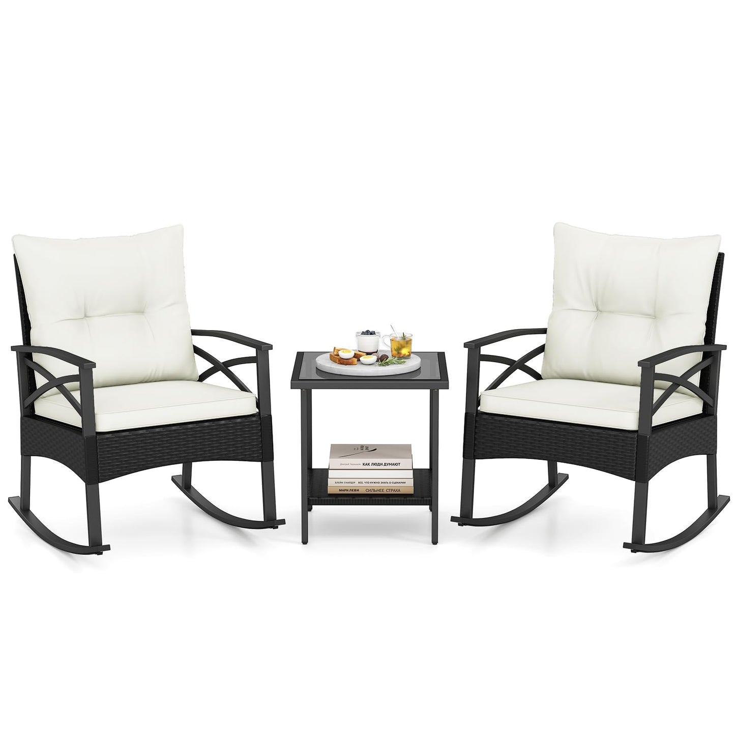 3 Pieces Rattan Outdoor Rocking Chairs Set with 2-Tier Tempered Glass Coffee Table