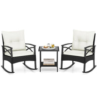3 Pieces Rattan Outdoor Rocking Chairs Set with 2-Tier Tempered Glass Coffee Table