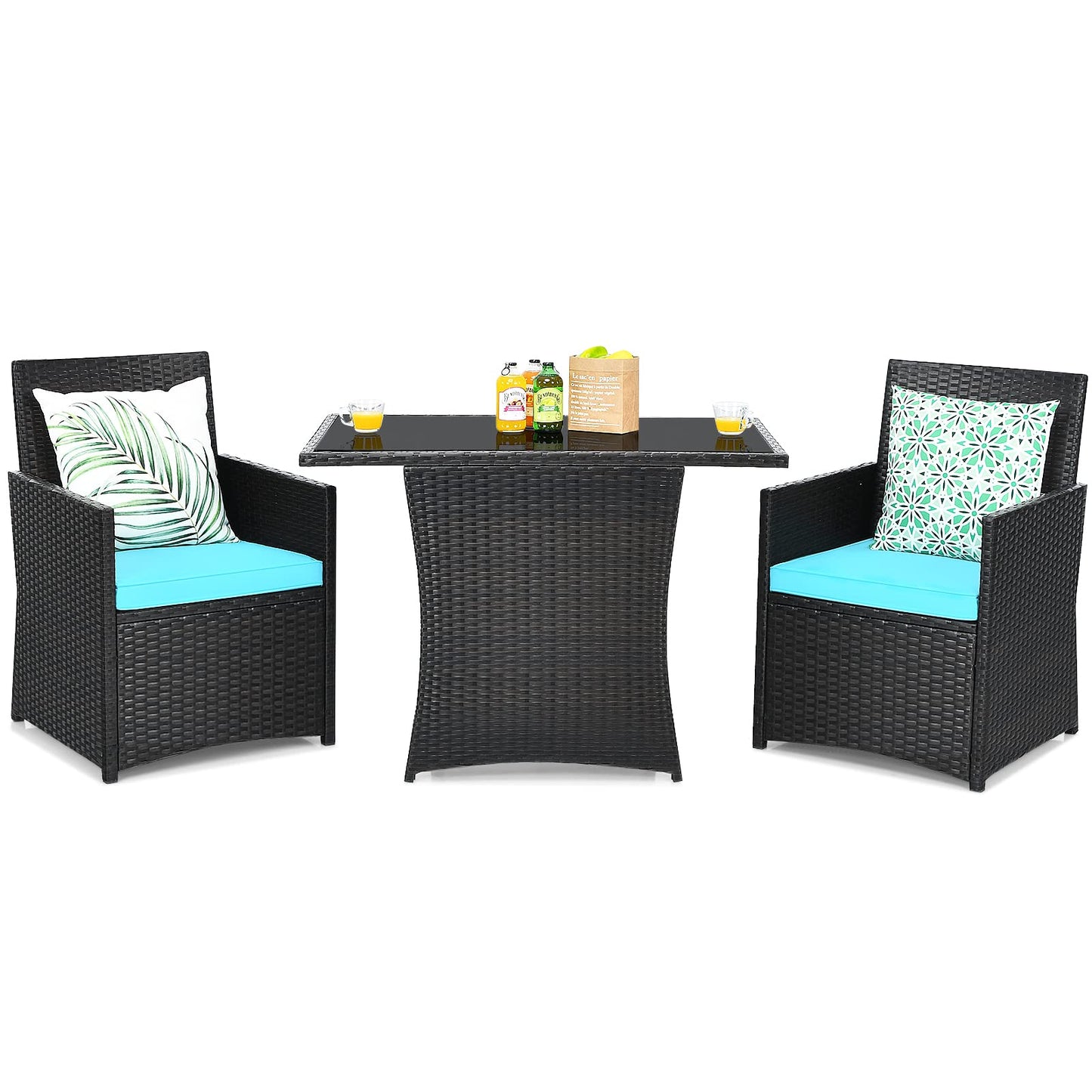 3 Pieces Patio Dining Set, Space-Saving PE Rattan Bistro Set with Tempered Glass Top Table and Cushioned Chairs
