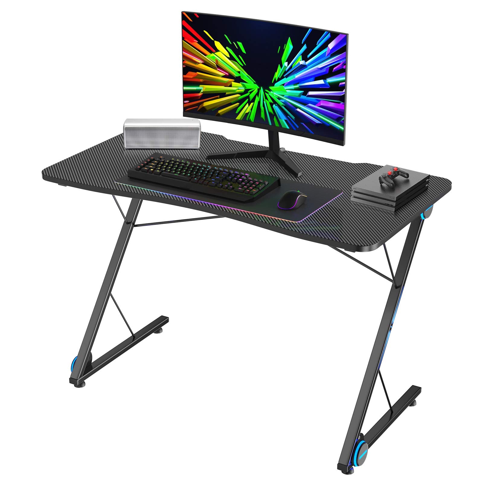 Tangkula Gaming Desk with LED Lights & Large Carbon Fiber Surface