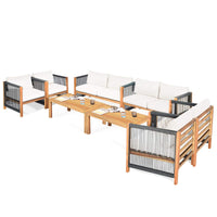 Outdoor Wood Furniture Set, Acacia Wood Frame Loveseat Sofa, 2 Single Chairs and Coffee Table
