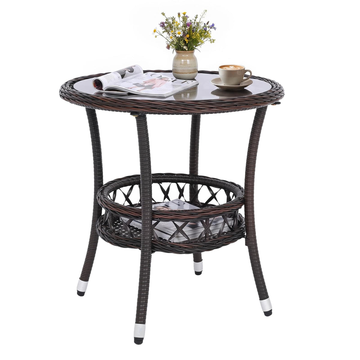 Tangkula Outdoor Rattan Side Table with Tempered Glass Top