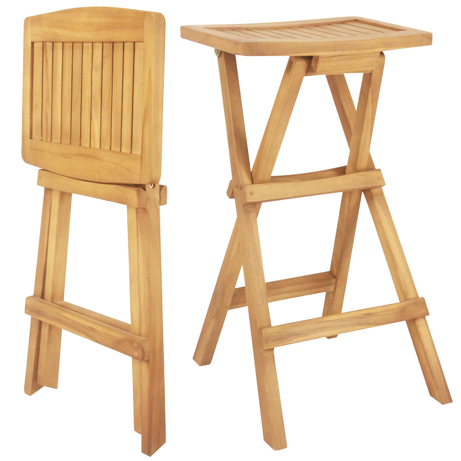 Tangkula Outdoor Bar Stools Set, No Assembly Foldable Teak Wood Bar Height Stool with Countered Seat & Footrest