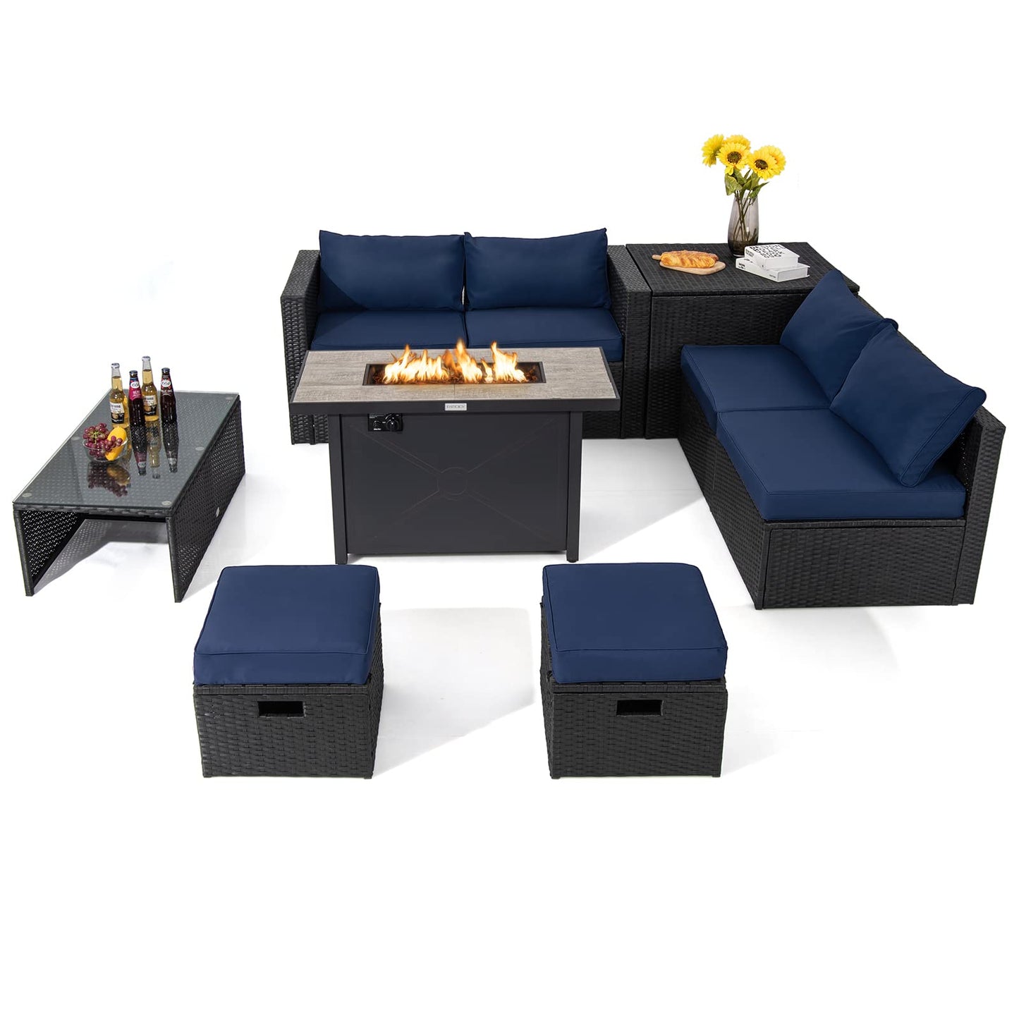 Tangkula 9 Pieces Outdoor Wicker Sectional Sofa with 42" 60,000 BTU Gas Fire Pit Table
