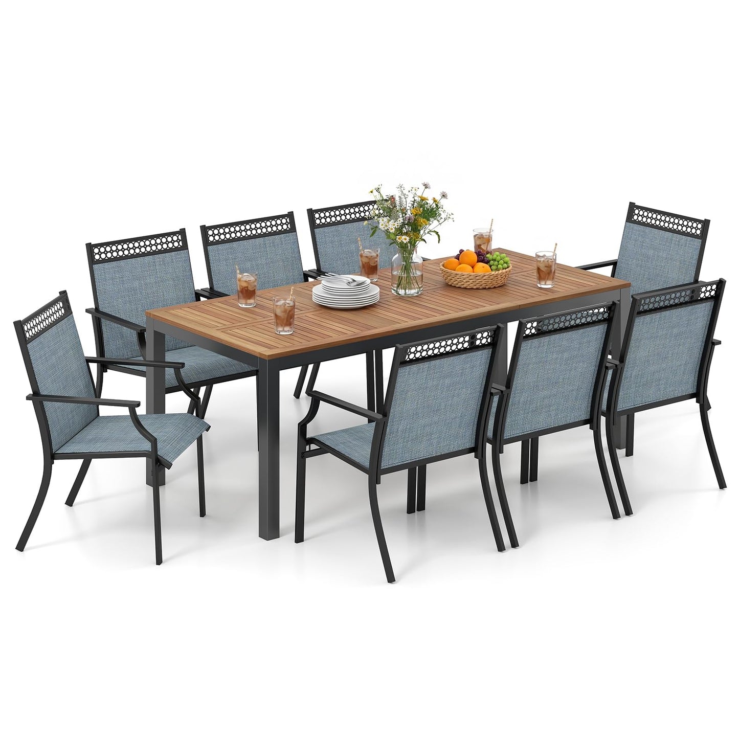 Tangkula 9 Pieces Patio Dining Set for 8 Quick-Drying Fabric Acacia Wood & Metal Frame