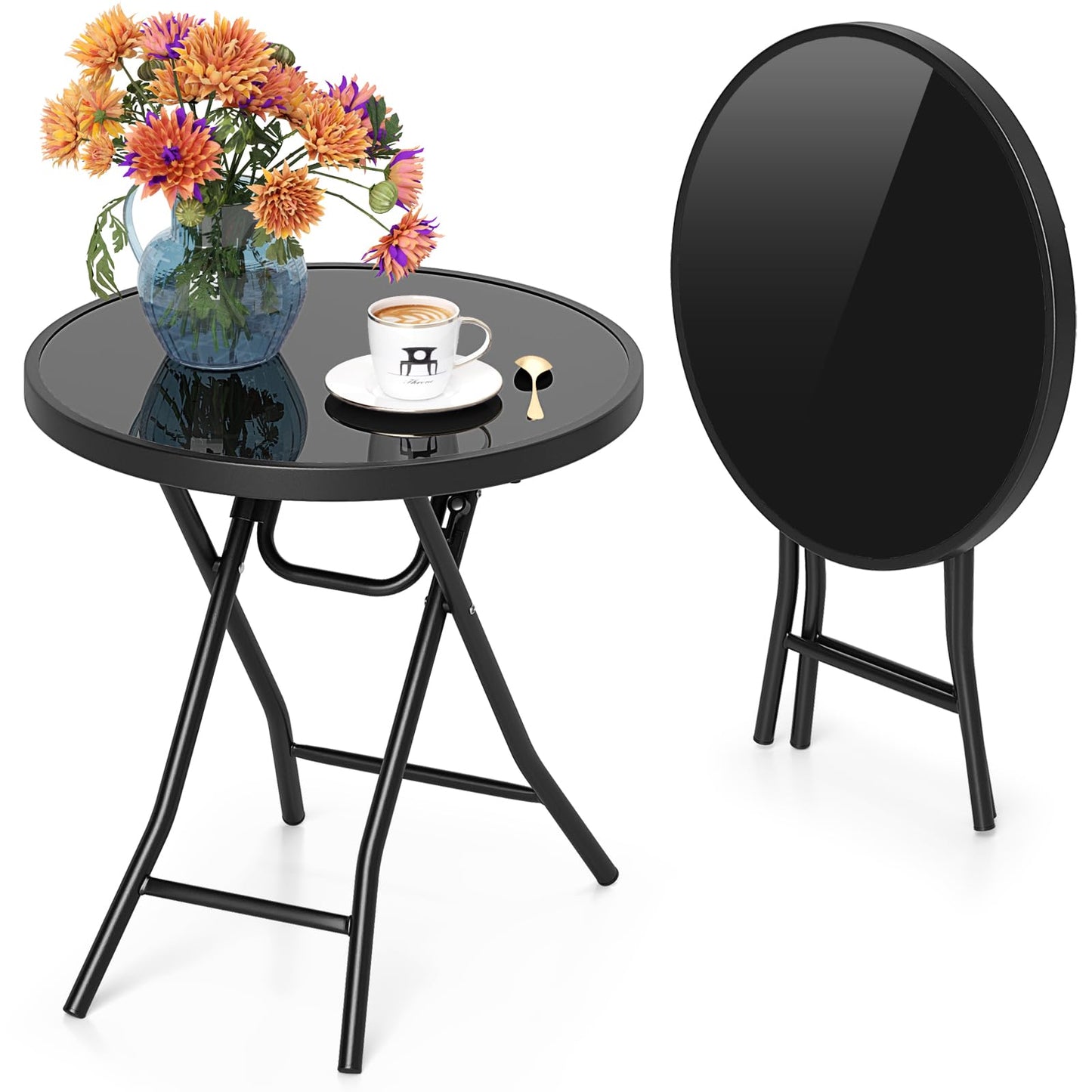 Table d'appoint pliante ronde Tangkula avec plateau en verre trempé et cadre en métal