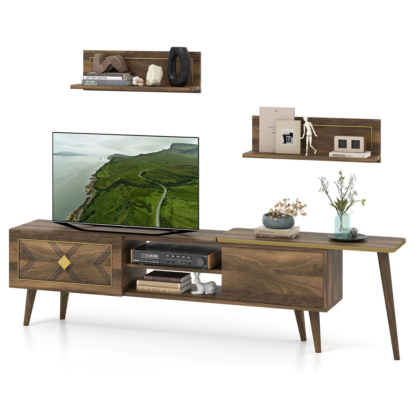 Tangkula Farmhouse TV Stand with 2 Wall Shelves for Living Room