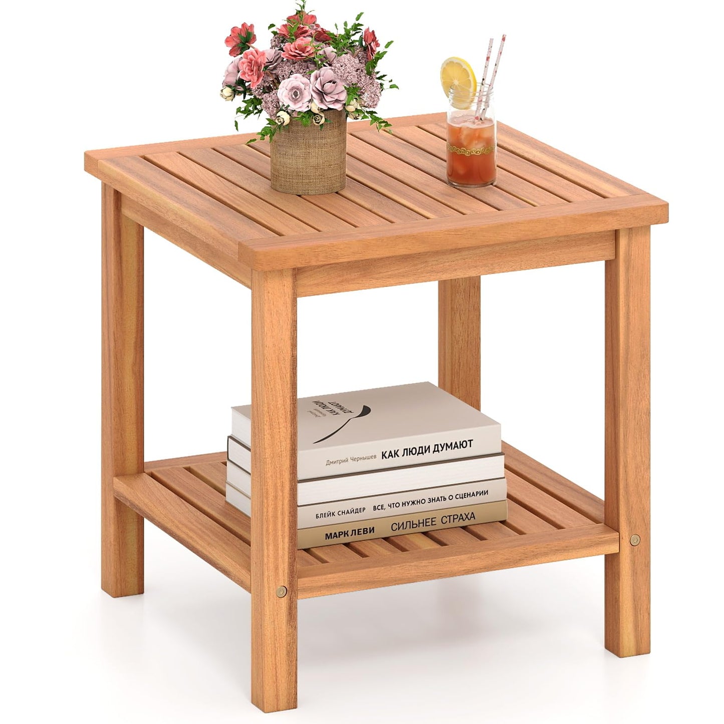 Tangkula Table d'appoint carrée à 2 niveaux en bois d'acacia avec plateau à lattes et étagère de rangement