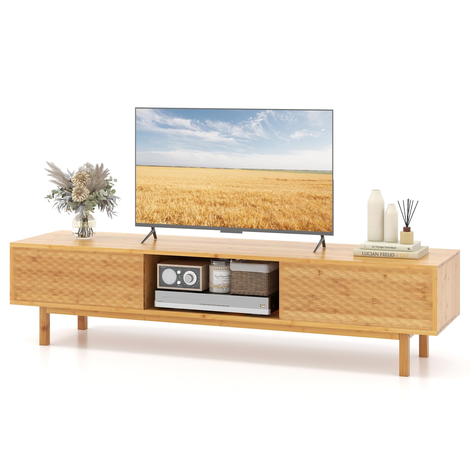 Tangkula Bamboo TV Stand for 65” 70” TVs