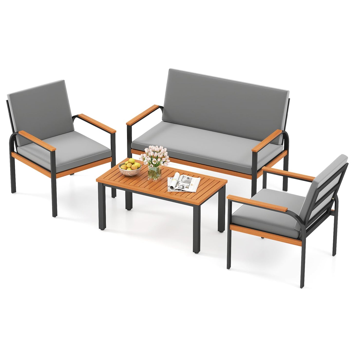 Tangkula Patio Furniture Set Outdoor Conversation Set with Acacia Wood Coffee Table