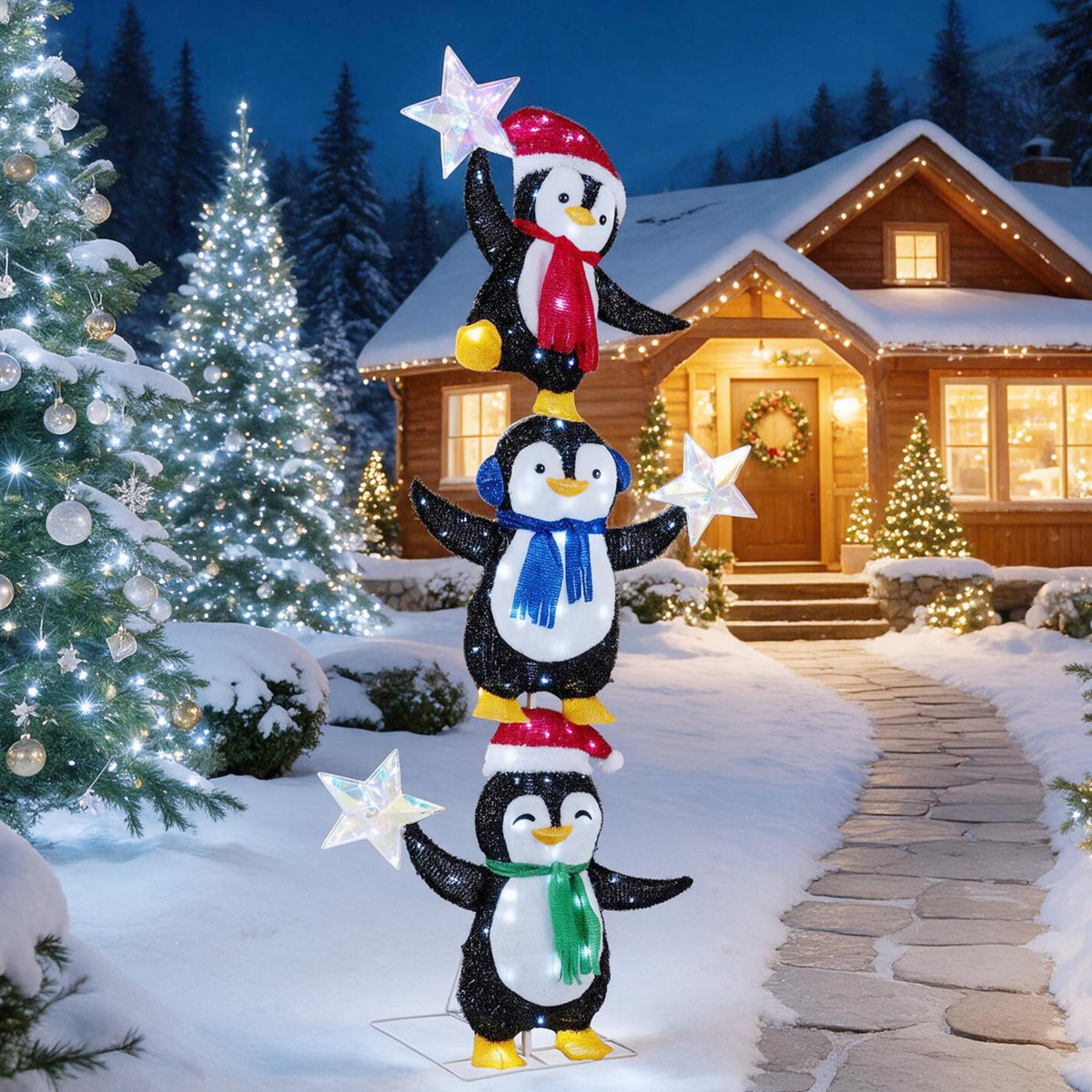 Tangkula 6 FT Lighted Christmas 3 Stacked Penguins