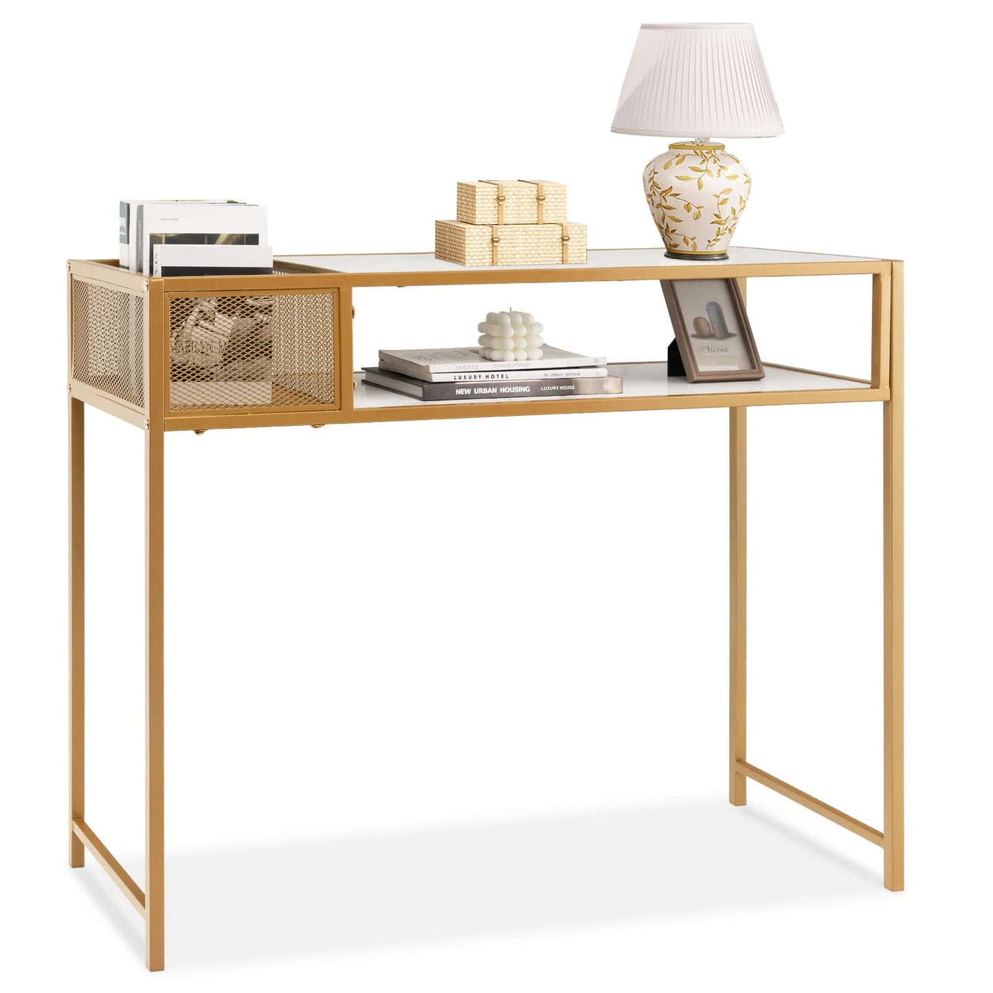 Tangkula Console Table, 2-Tier Faux Marble Sofa Table with Open Storage Shelf, Gold Steel Frame, Modern Entryway Table