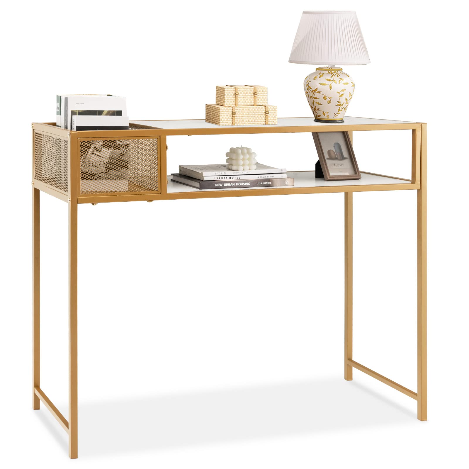 Tangkula Console Table, 2-Tier Faux Marble Sofa Table with Open Storage Shelf, Gold Steel Frame, Modern Entryway Table