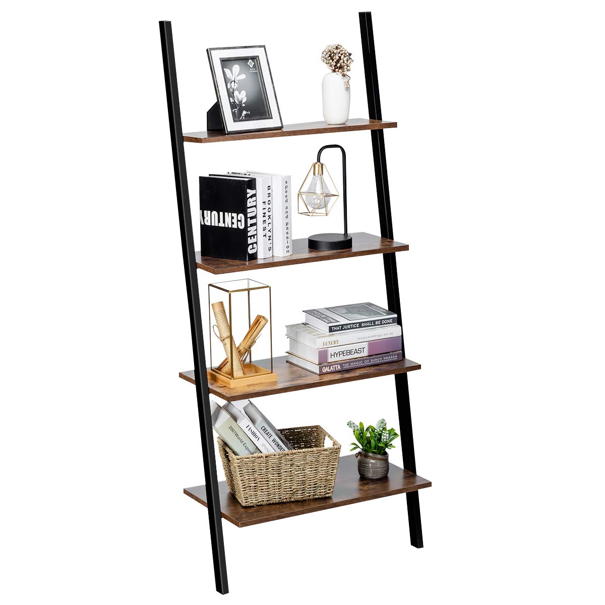 Tangkula Industrial 4-Tier Ladder Shelf, Against The Wall Bookcase for Living Room & Office