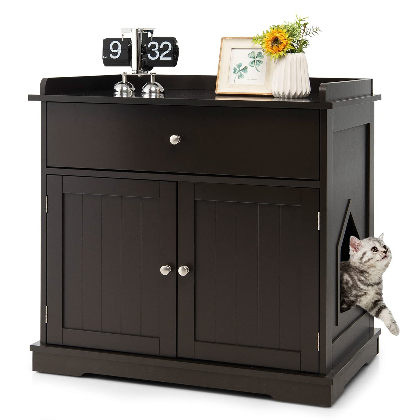 Tangkula Litter Box Enclosure, Cat Litter Box Furniture Hidden with Large Drawer, 2 Doors