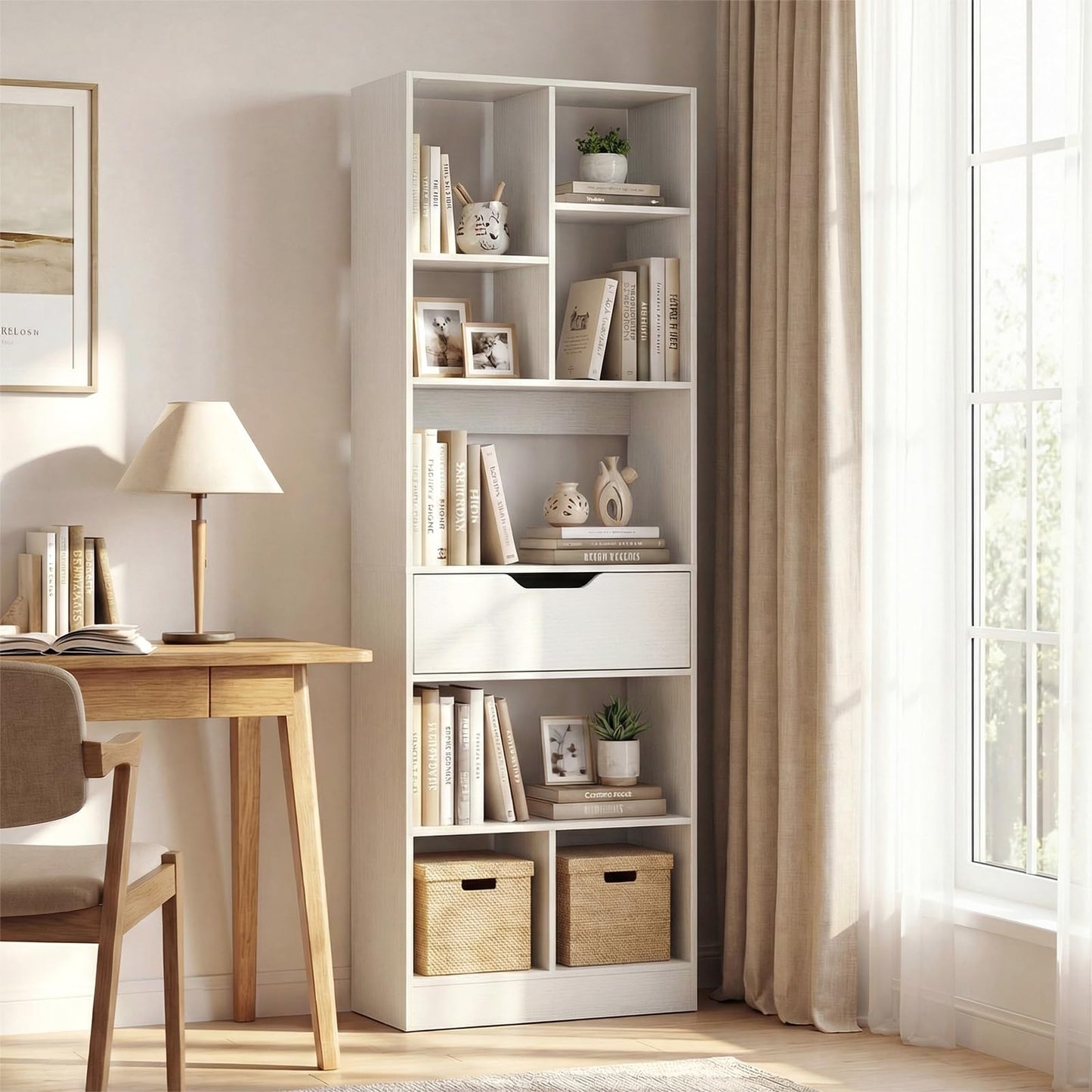 Tangkula 61” Tall Open Bookcase with Drawer 8-Cube Display Storage Cabinet Organizer(1/2)
