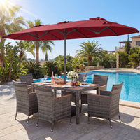 Tangkula 9 Piece Rattan Outdoor Dining Set with 13Ft Umbrella for 6