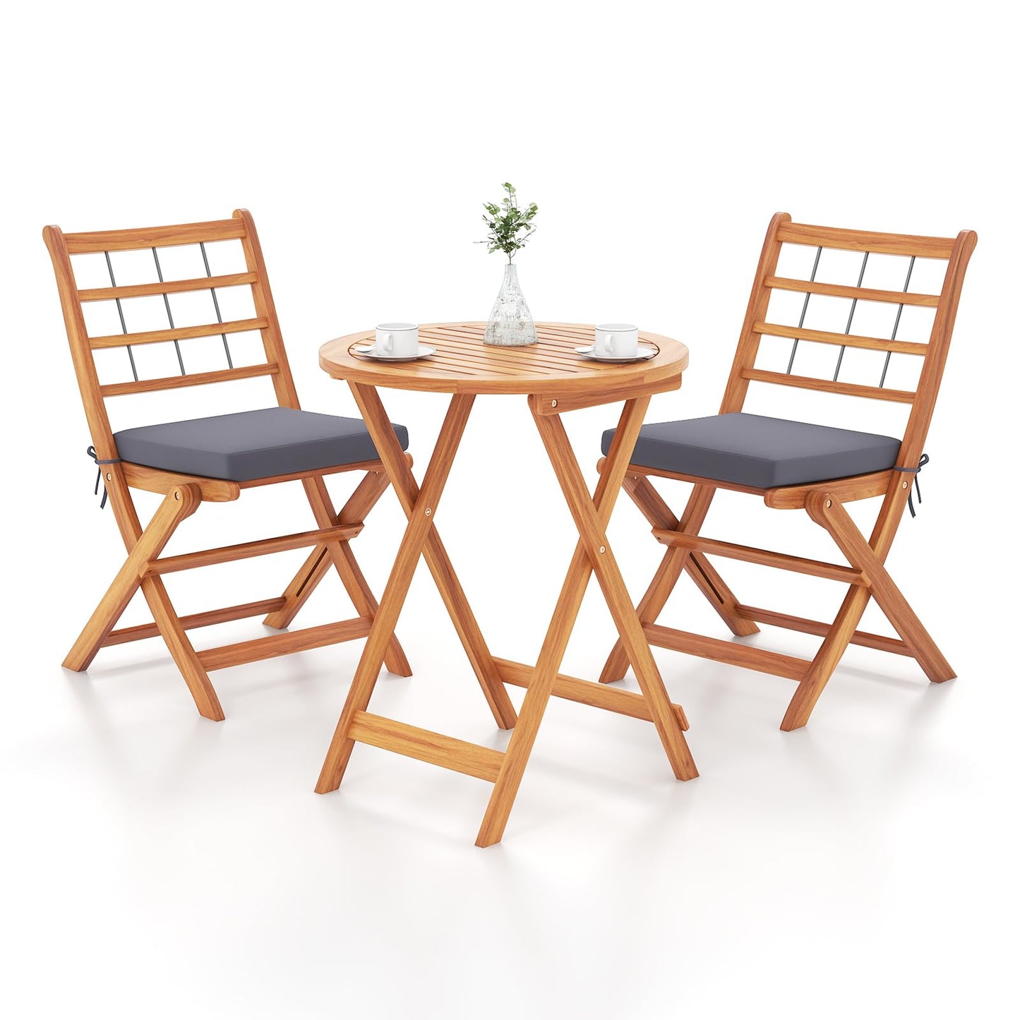 Tangkula 3 Piece Patio Wood Bistro Set, Folding Table Chair Set w/Soft Seat Cushions