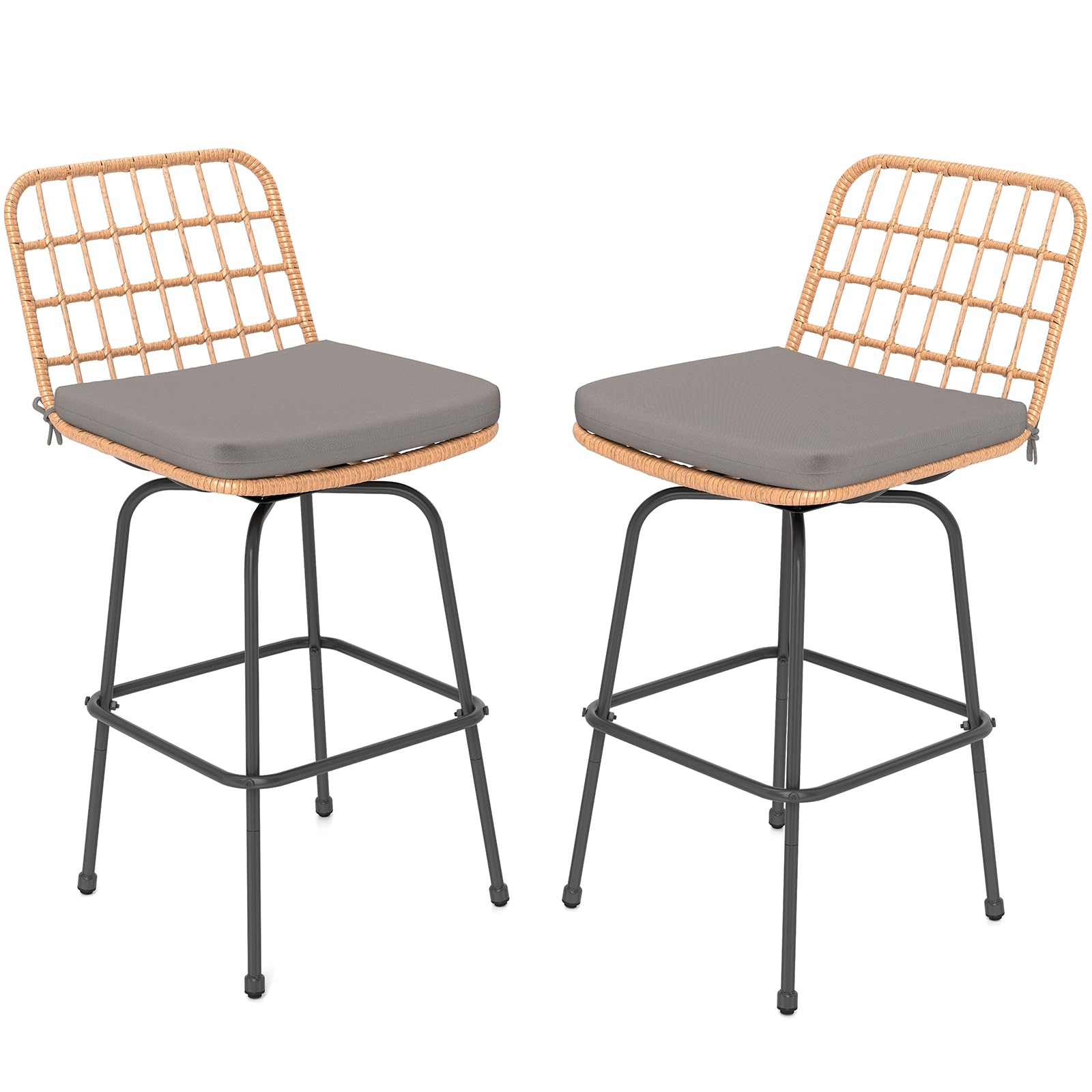 Tangkula Patio Swivel Barstools, Wicker Bar Height Chairs w/Soft Seat Cushions