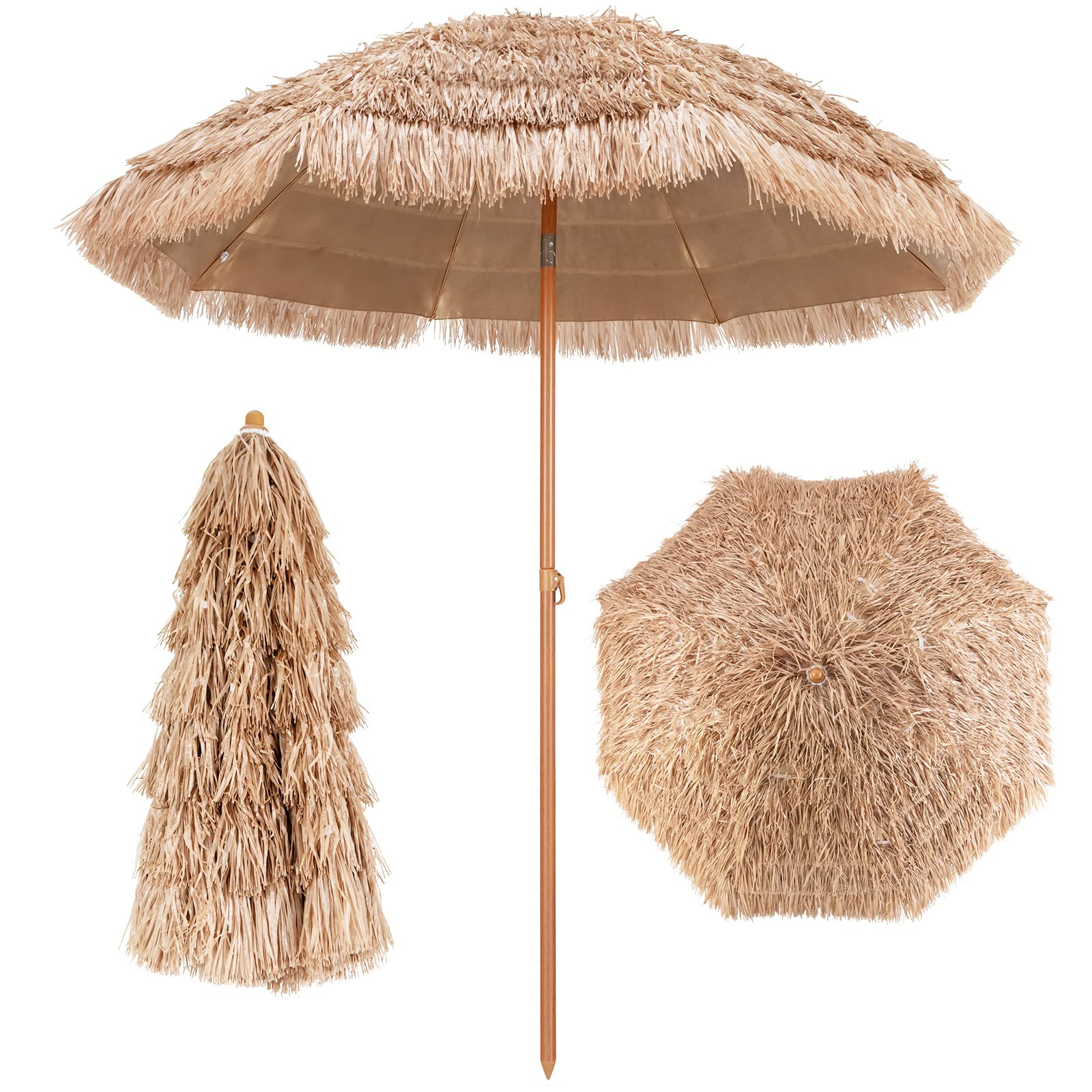 Tangkula 7.2 FT Thatched Patio Umbrella, Hawaiian Style Grass Beach Umbrella with Tilt Adjustment