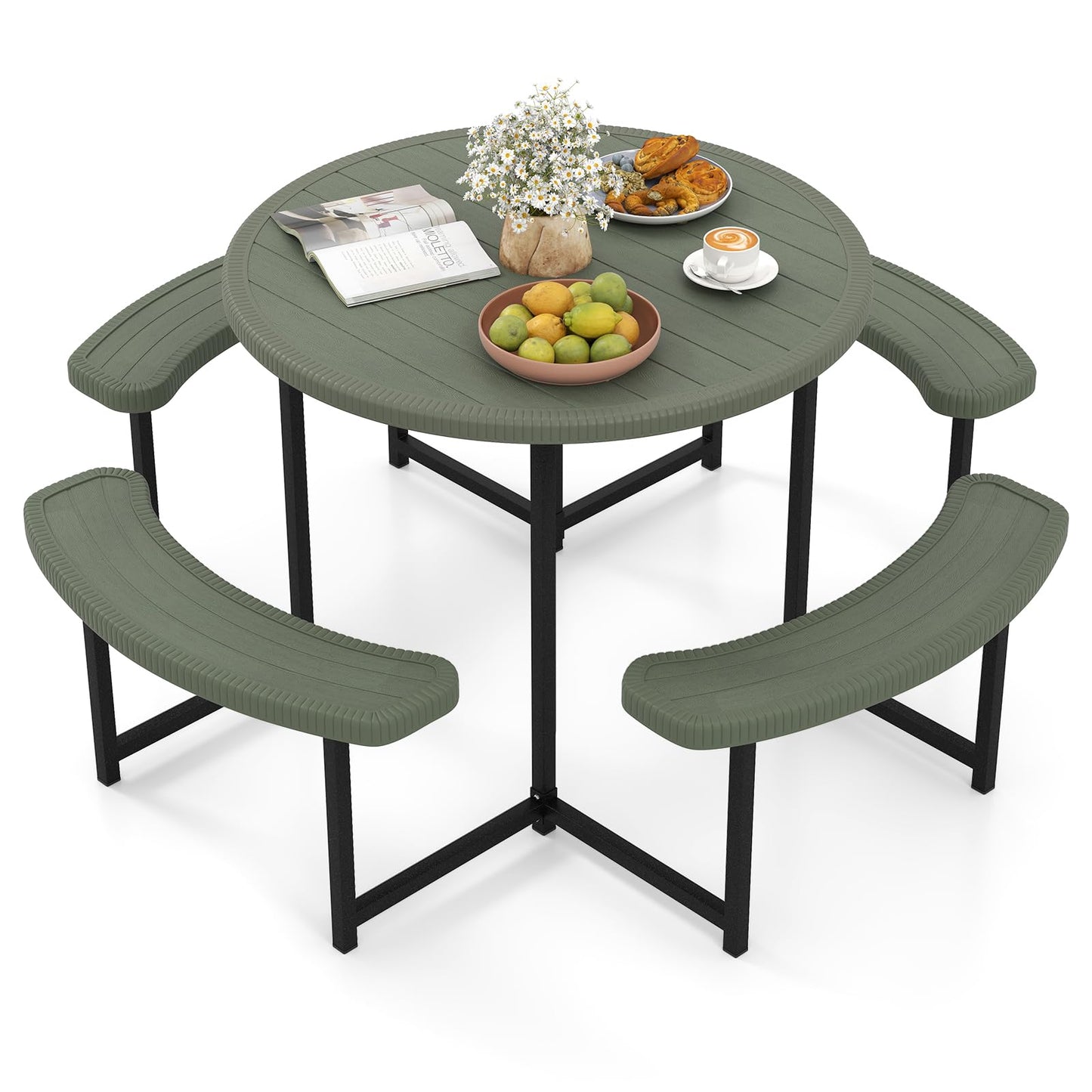 Tangkula 8 Person Picnic Table HDPE Outdoor Round Table and Bench Set
