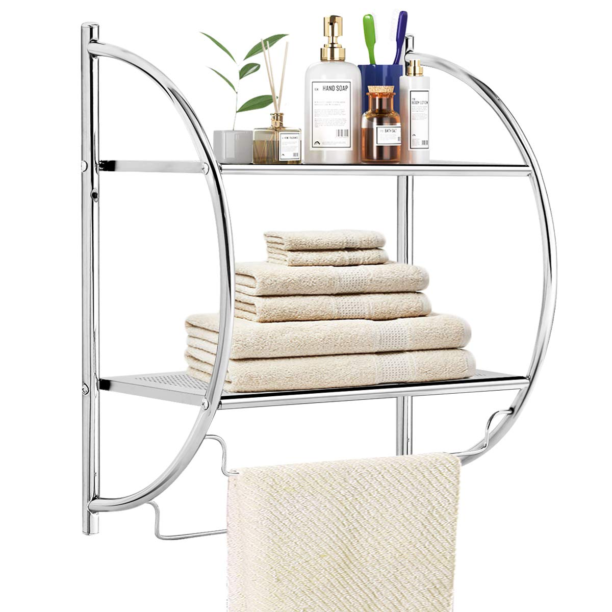 Tangkula Wall Mount 2 Tier Bathroom Shelf with Towel Bars, 18"W X 10"D X 22"H