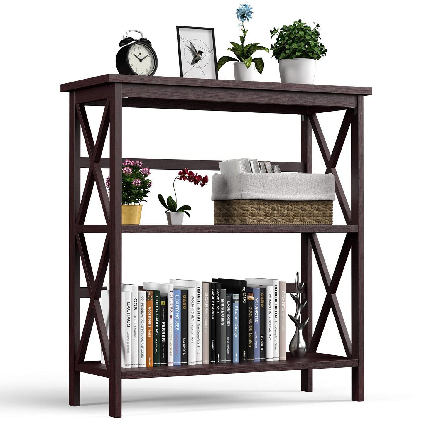 Tangkula 3-Tier Bookshelf, Vintage Wooden Bookcase with X-Style Frame