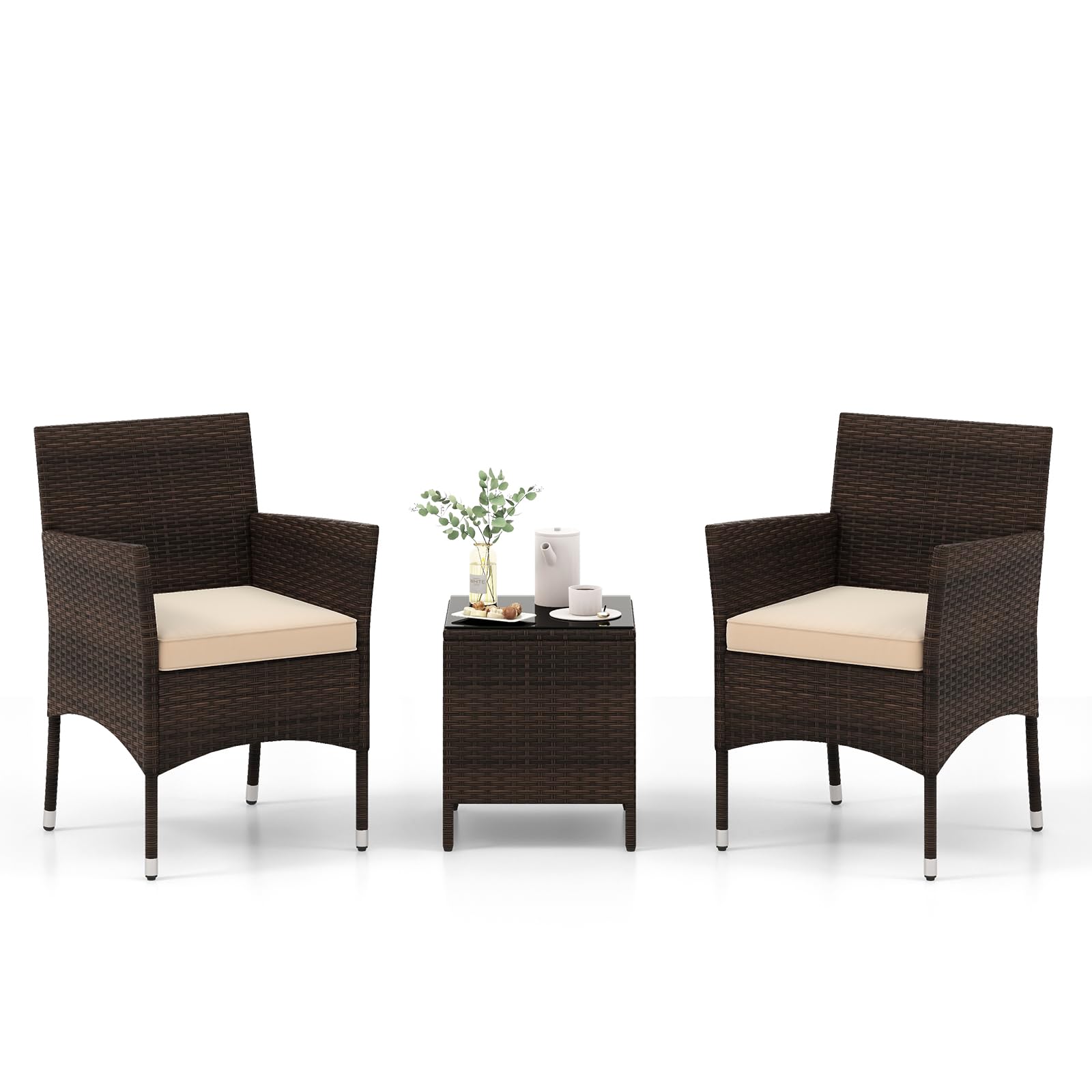 Tangkula 3 Pieces Patio Rattan Furniture Set, Outdoor Conversation Set with PE Wicker Armchairs