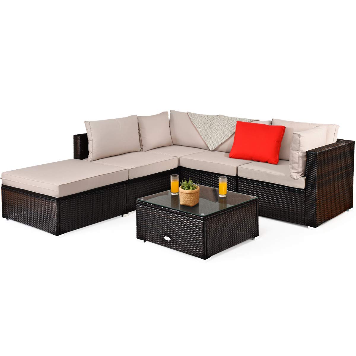 Tangkula 6 Piece Patio Furniture Set,Durable Steel Frame PE Rattan Wicker Sectional Sofa Set