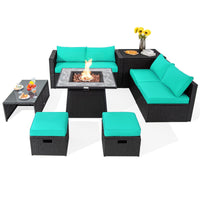 Tangkula 9 Pieces Outdoor PE Rattan Sectional Sofa with 35-Inch Gas Fire Pit Table
