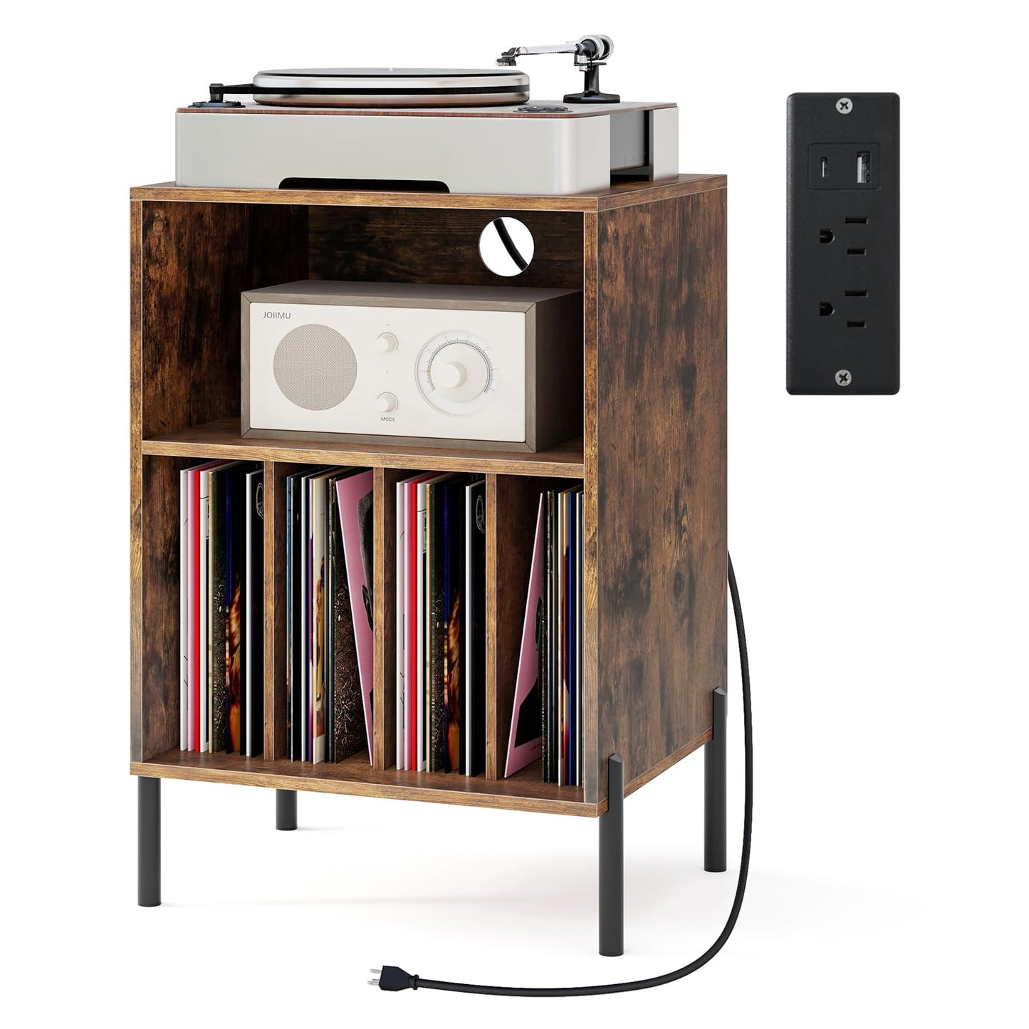 Tangkula Record Player Stand, Turntable Side Table Nightstand w/ Charging Station(Black, 31" H)