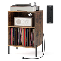 Tangkula Record Player Stand, Turntable Side Table Nightstand w/ Charging Station(Black, 31" H)