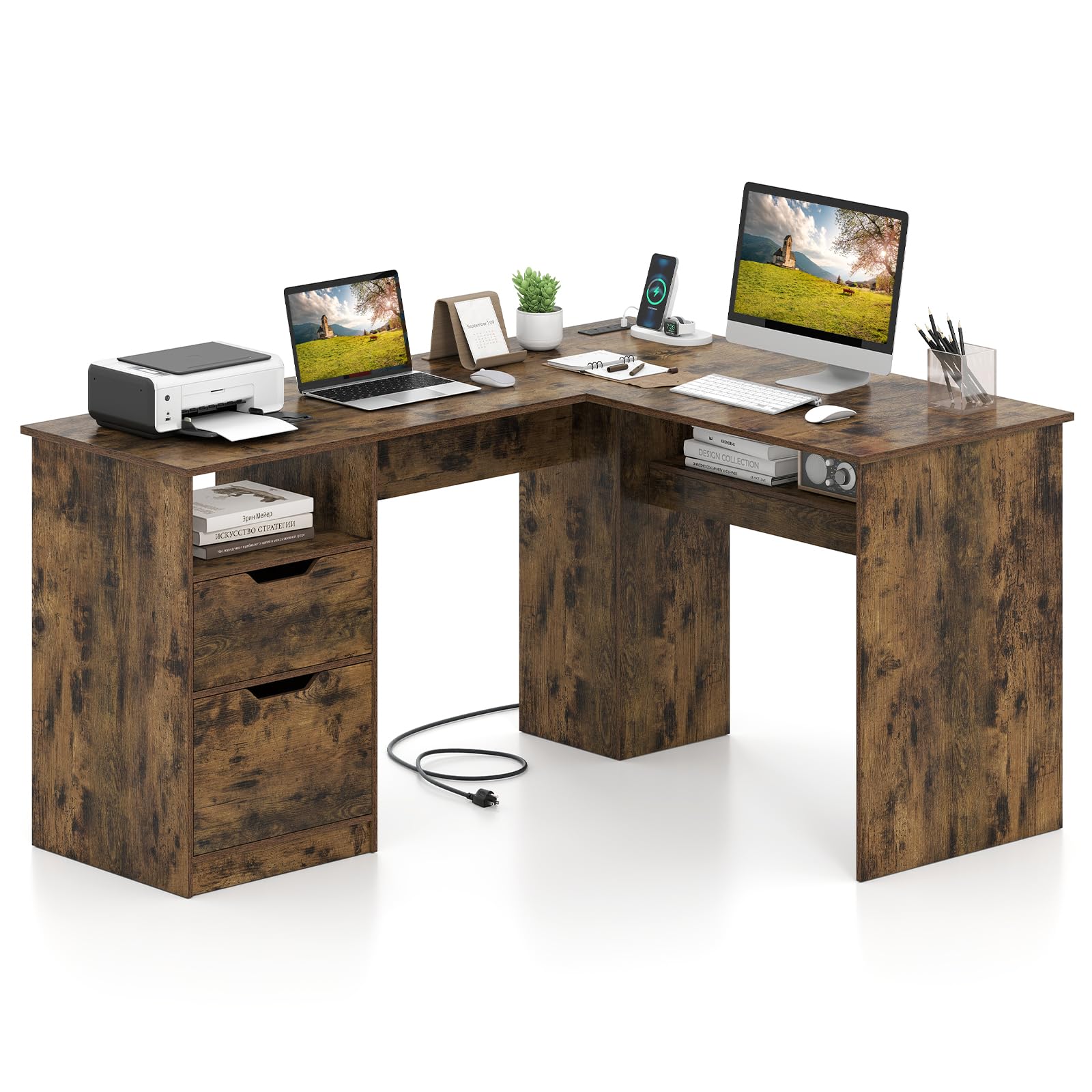 Tangkula 59" L-Shaped Executive Desk w/Power Outlets