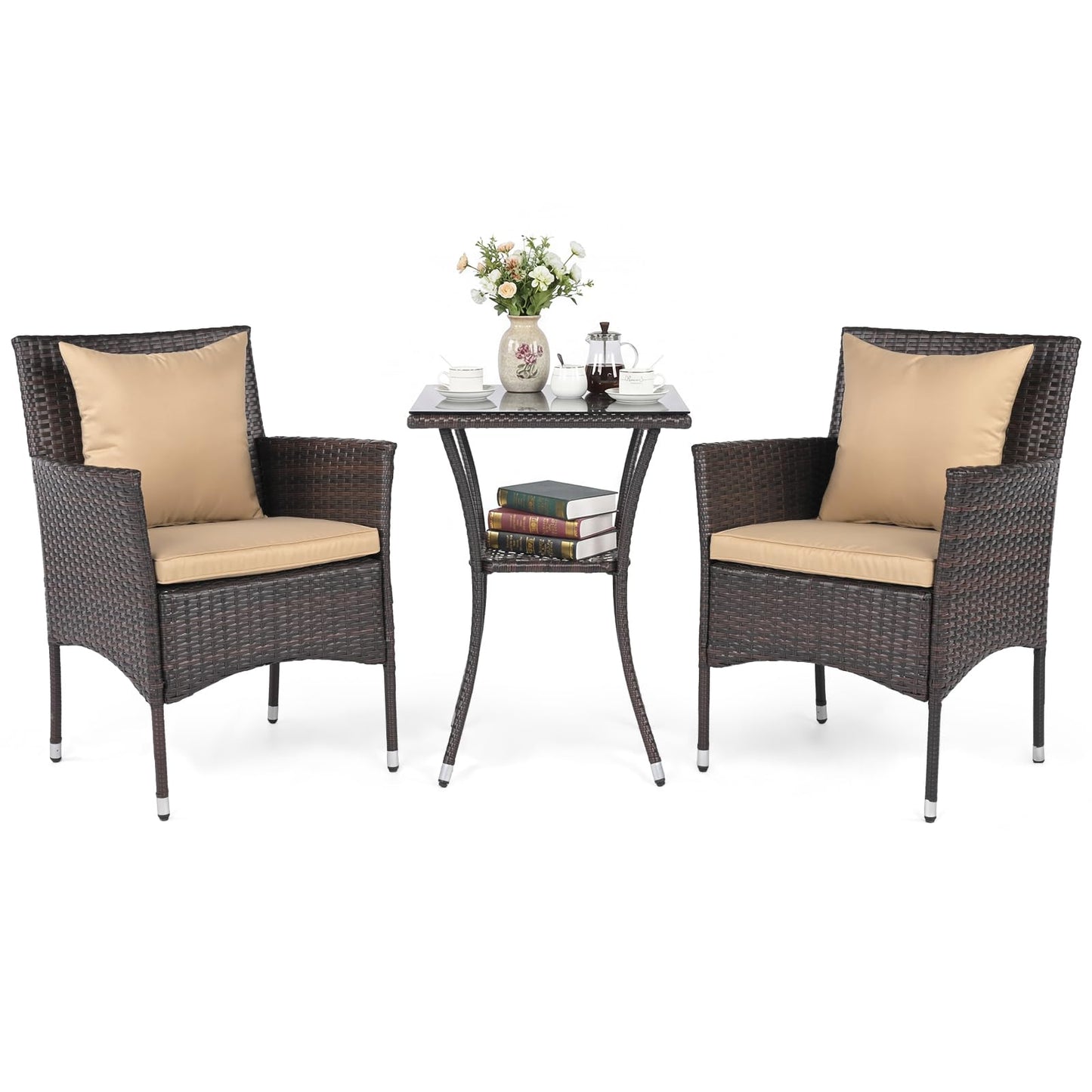 Tangkula 3 Pieces Patio Wicker Bistro Set | 2 Rattan Chairs w/ 2-Tier Tempered Glass Table