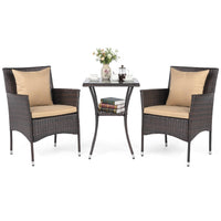 Tangkula 3 Pieces Patio Wicker Bistro Set | 2 Rattan Chairs w/ 2-Tier Tempered Glass Table