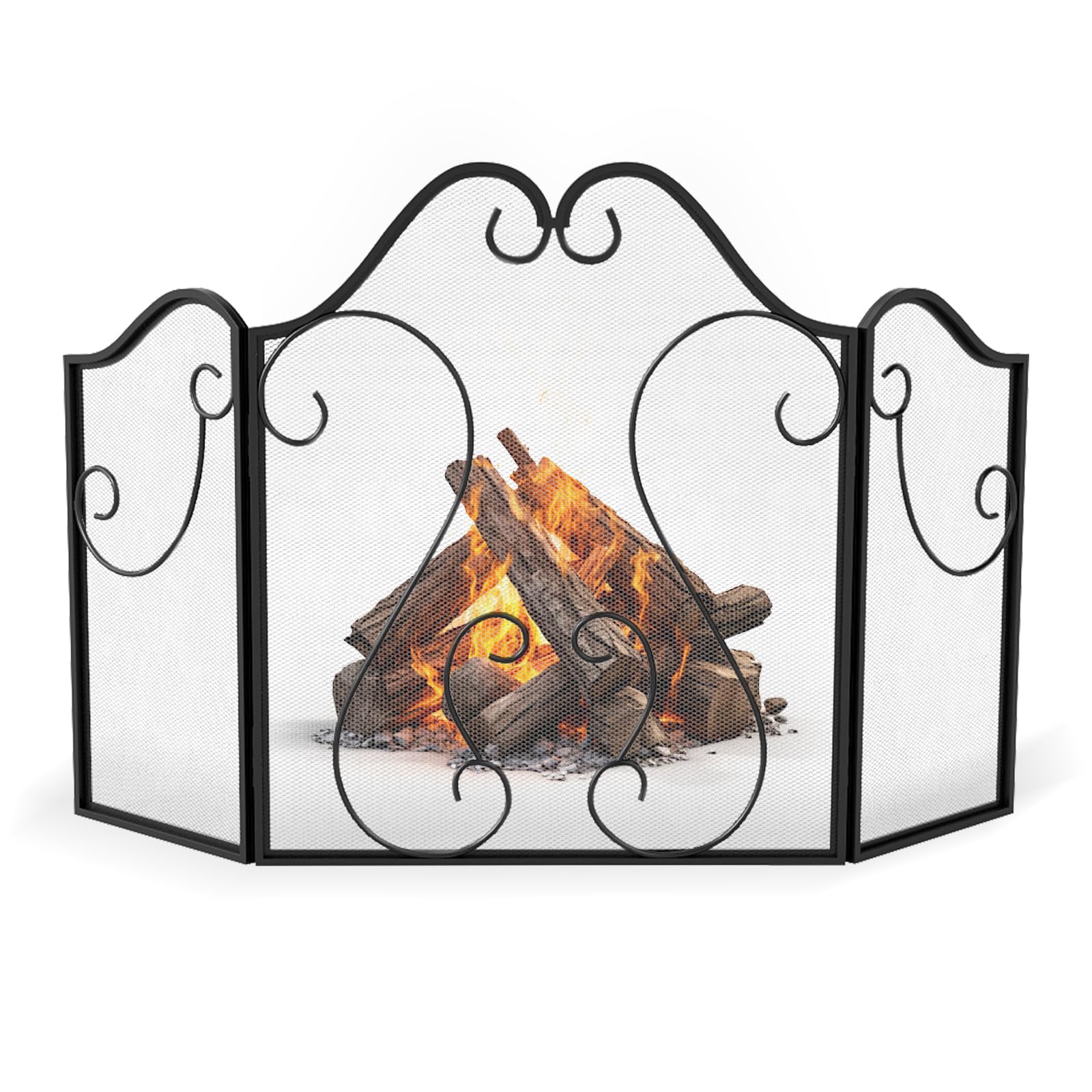 Tangkula 3 Panel Freestanding Foldable Fireplace Screen with Decorative Scroll
