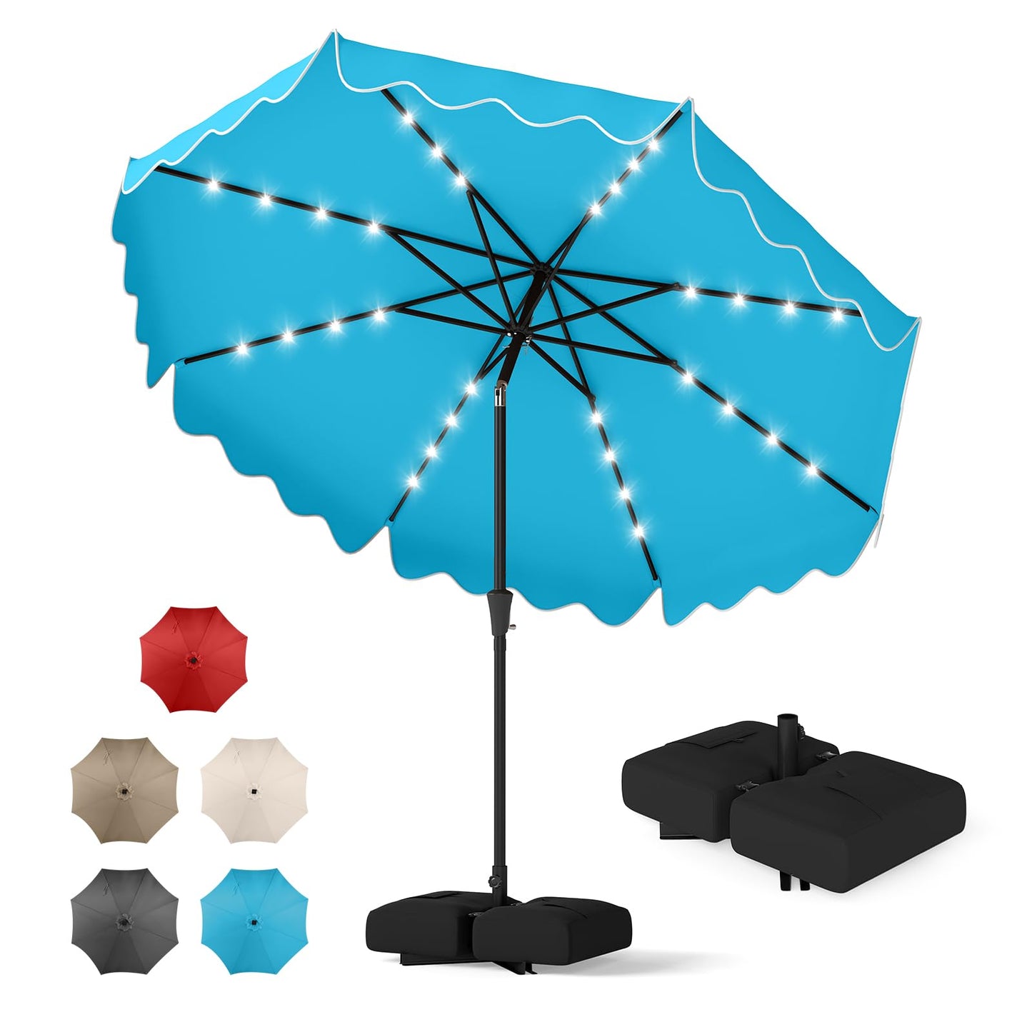 Tangkula 9 FT/10 FT Solar Patio Umbrella with Base Included 32 LED Lights