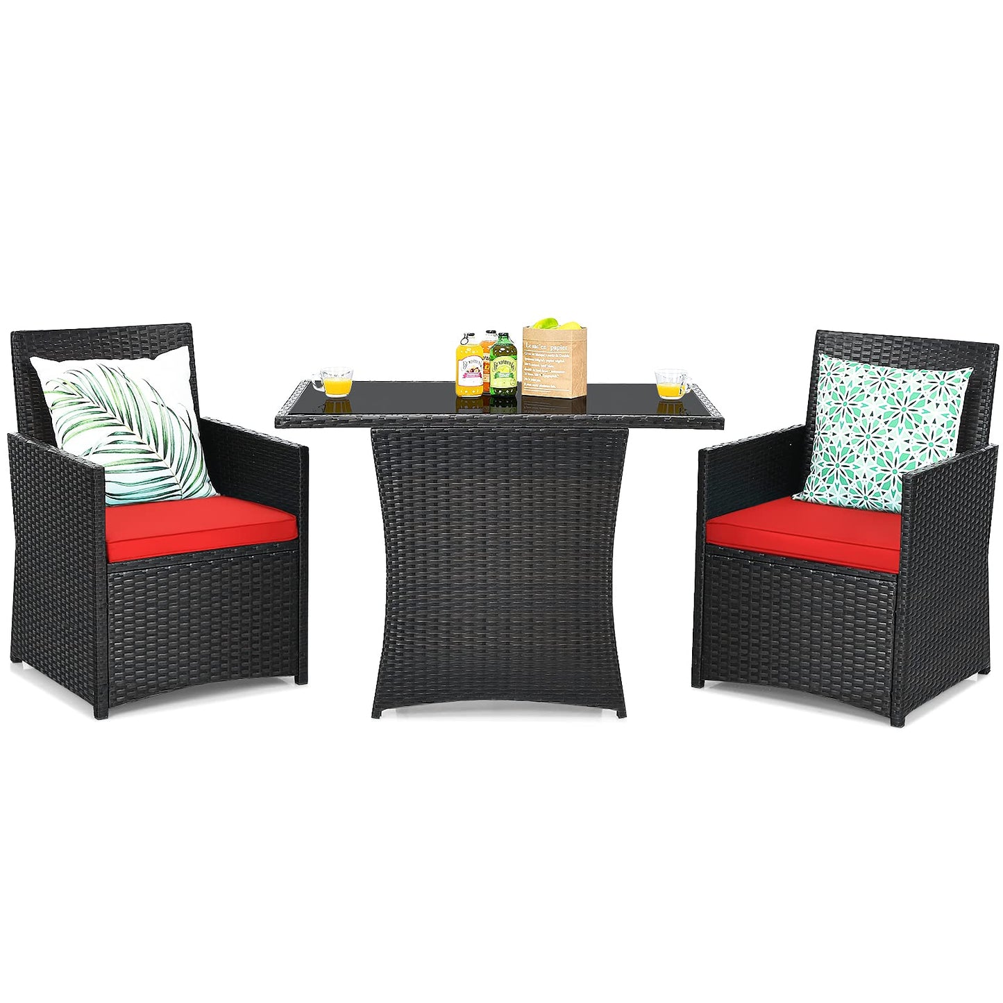 3 Pieces Patio Dining Set, Space-Saving PE Rattan Bistro Set with Tempered Glass Top Table and Cushioned Chairs