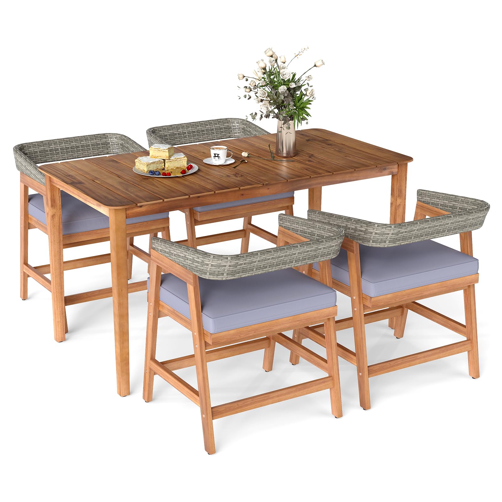 Tangkula 5 Piece Patio Dining Set Solid Wood with Rattan Backrest and Cushions