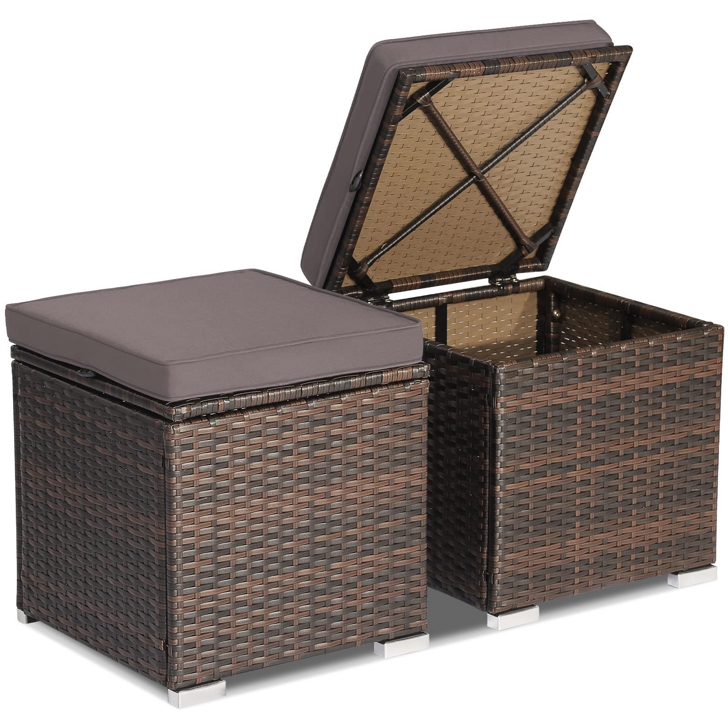 Tangkula 2 Pieces Patio Ottomans, Patiojoy Hand-Woven PE Rattan Side Table with Removable Cushion & Hidden Storage Space