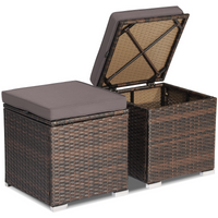 Tangkula 2 Pieces Patio Ottomans, Patiojoy Hand-Woven PE Rattan Side Table with Removable Cushion & Hidden Storage Space