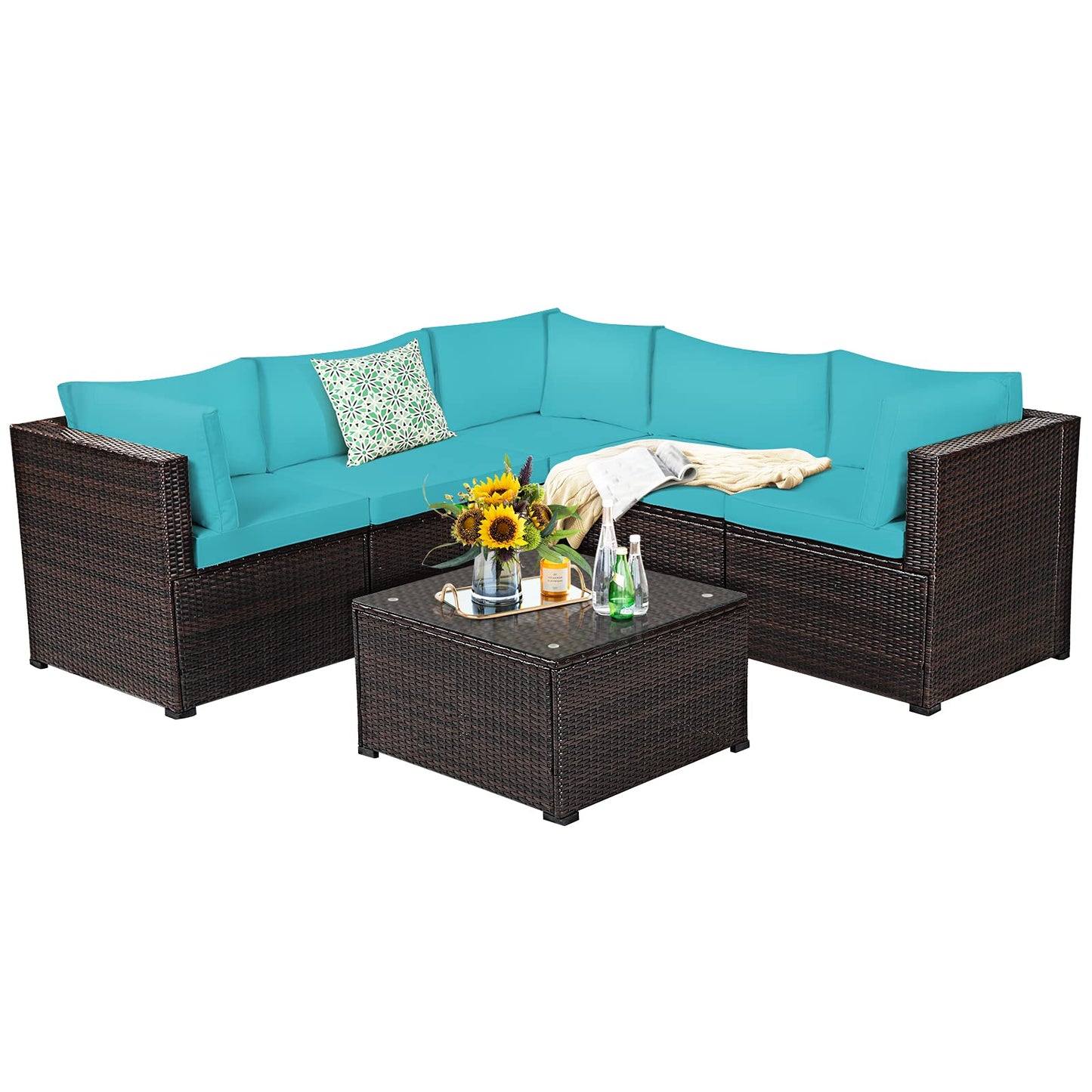 6 Pieces Patio Furniture Set, Outdoor Rattan Sofa Set, Wicker Conversation Set