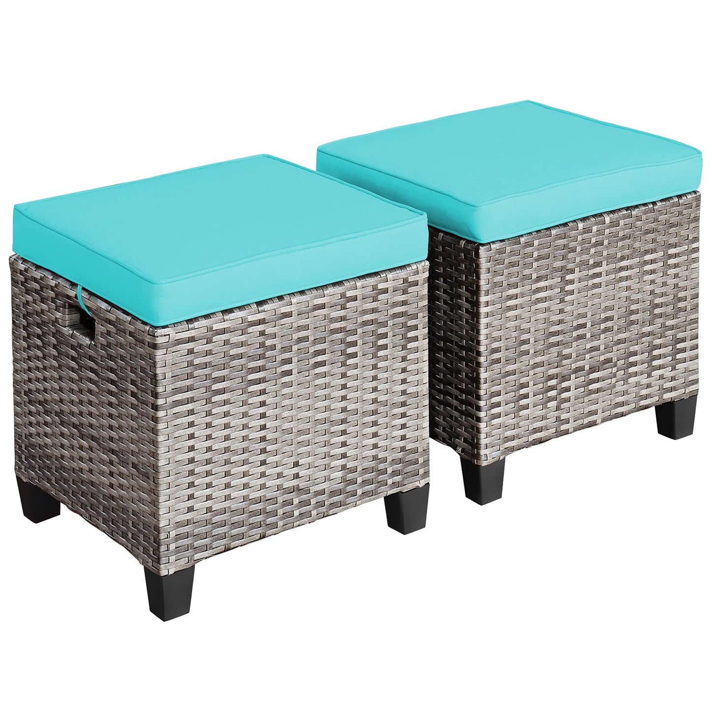 2 Pieces Patio Rattan Ottomans, Outdoor Wicker Footstool Footrest Seat with Soft Cushions and Steel Frame