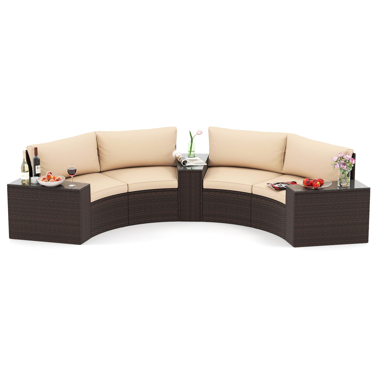 Tangkula 5 Pieces Patio Furniture Set PE Rattan Half-Moon Curved Sectional Sofas