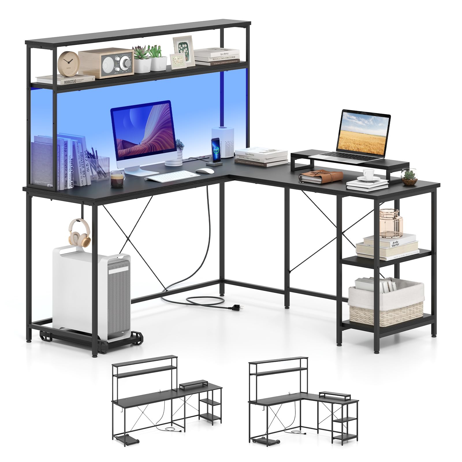 Tangkula L-Shaped Desk with LED Strip & Power Outlets