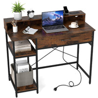 Tangkula Petit bureau d'ordinateur 42" avec prises de courant, étagère supérieure, tiroir et 2 étagères ouvertes