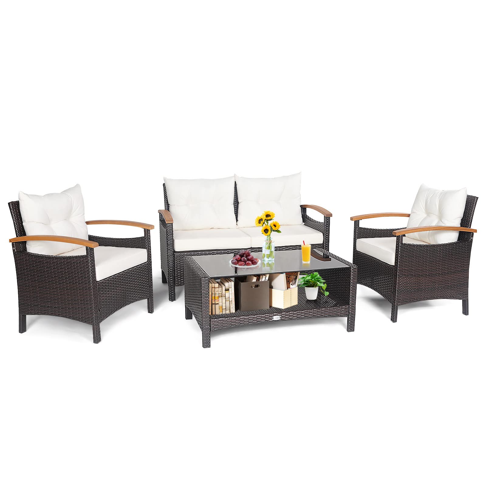 4 Piece Patio Rattan Conversation Set, Outdoor Wicker Sofa Set W/2-Layer Coffee Table