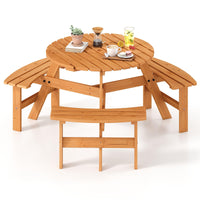 Tangkula 6 Person Cedar Wood Picnic Table, Outdoor Round Picnic Table with 3 Built-in Benches, Umbrella Hole, Outside Table and Bench Set